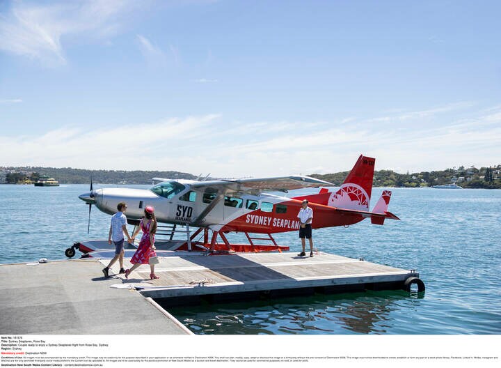 Couple ready to enjoy a Sydney Seaplanes flight from Rose Bay, Sydney.