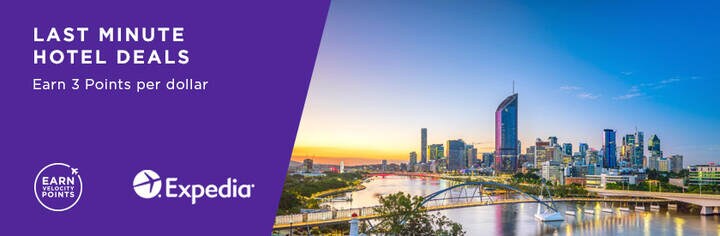 Last minute hotel deals - earn 3 points per dollar - banner with view of Brisbane city at dusk