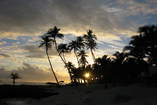 Sun setting over beach and palm trees in Samoa