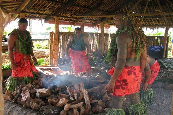 Samoan locals making a fire for cooking