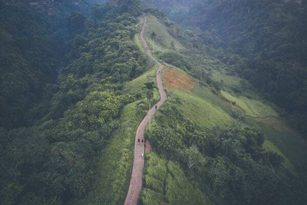 Aerial view of the Campuhan Ridge Walk, surrounded by green mountains