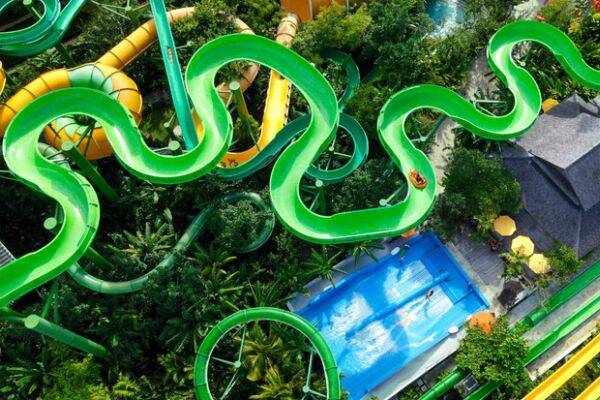 Aerial view of the slides at Waterbom water park in Kuta, Bali