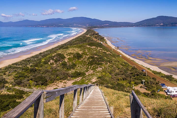 Scenic shot from the Neck lookout on Bruny Island with drone