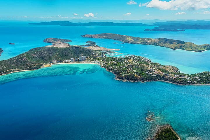 Hamilton Island Aerial View. Whitsunday Islands, Queensland, Australia. The most popular holiday destination close to the Great Barrier Reef.