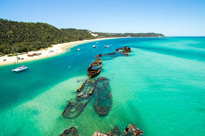An aerial view of the Shipwrecks on Moreton Island, Queensland, Australia