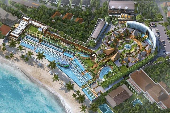 Aerial view of swimming pool and beach club at Atlas Beach Club, Bali