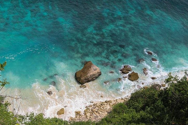 Top View of Suwehan beach on Nusa Penida Island, Bali, Indonesia