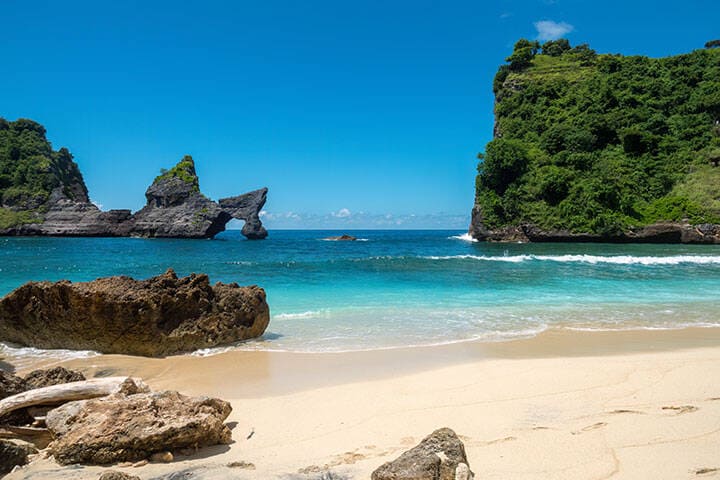 Cliffs and ocean of Atuh Beach in Nusa Penida near Bali