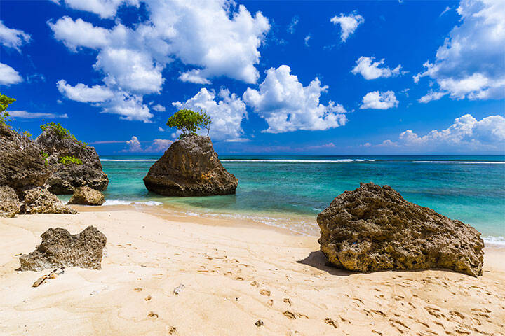 Rock formations at Bingin Beach in Bali, Indonesia