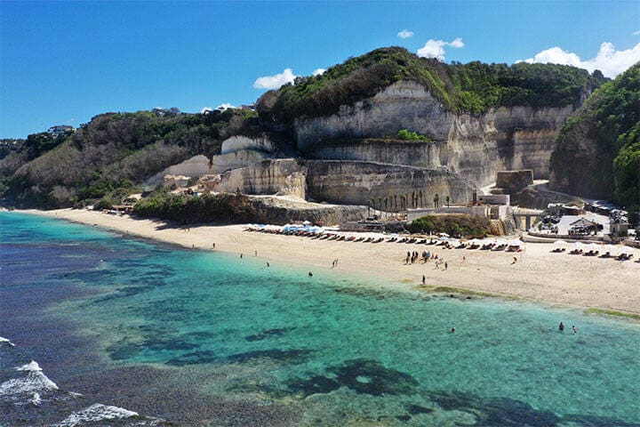 Beautiful view of white sand beach at the popular Melasti Beach, South Kuta in Bali