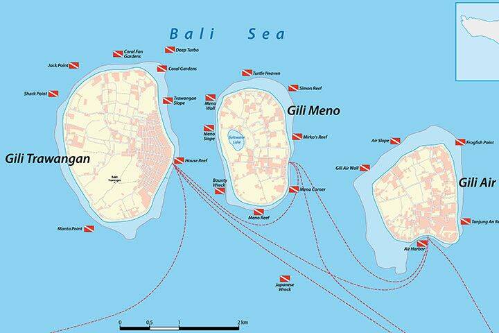 Visual map of Gili Trawangan showcasing islands near Bali