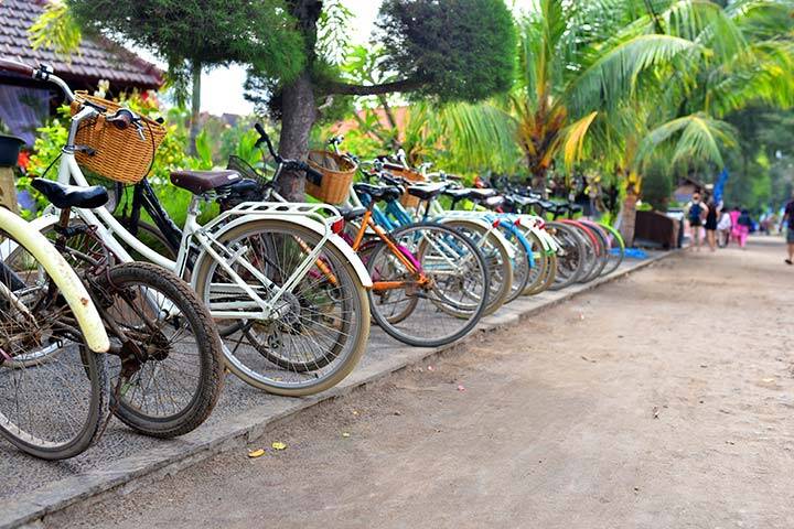 Row of bicycles for rent in Gili Trawangan Island, Lombok, Indonesia