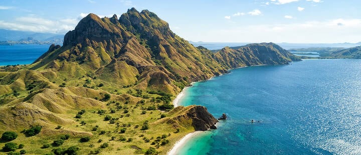 Aerial view of the northern part of Pulau Padar island in between Komodo and Rinca Islands near Labuan Bajo in Indonesia.