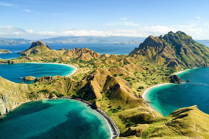 Aerial view of Pulau Padar island in between Komodo and Rinca Islands near Labuan Bajo in Indonesia.