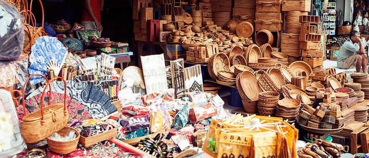 Woven baskets and handmade art on display at Ubud Art Market, Bali