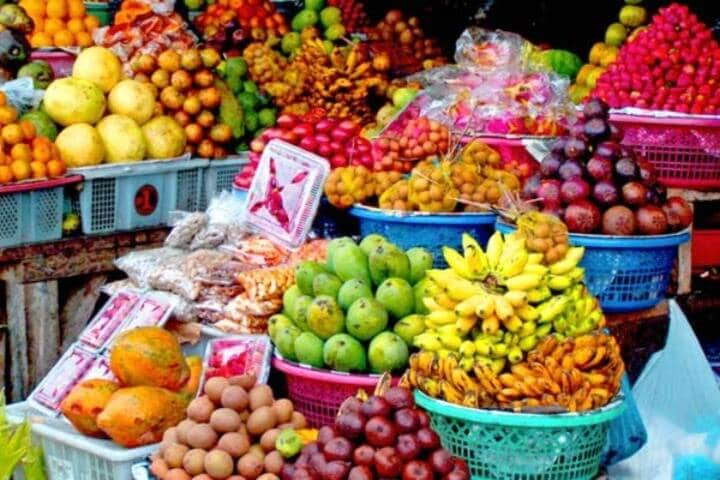 Fresh fruit on display in baskets at Bedugul Traditional Market, Bali