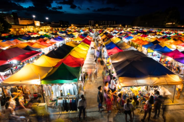 Aerial view of market stall tents at Kreneng Market, Bali