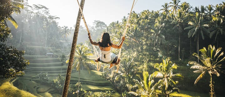 beautiful woman on a swing in between green rice fields