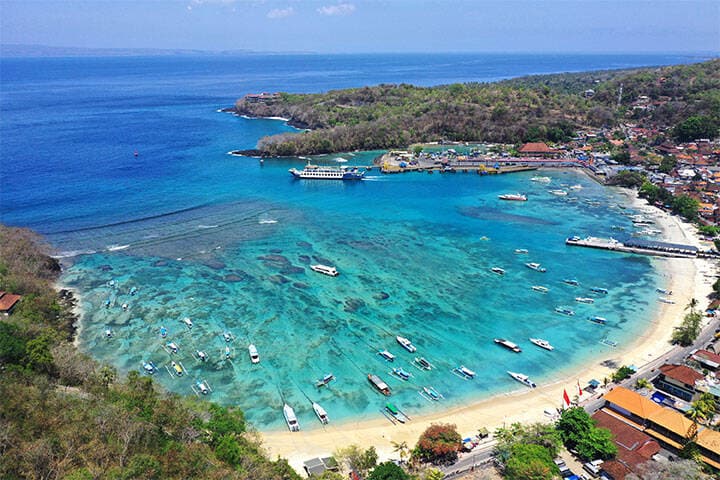 Beautiful view of Padang Bai Harbour and Resorts, East Bali