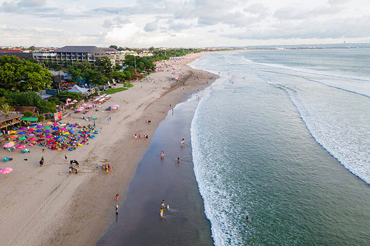 Beautiful Top view La Plancha Beach, Seminyak, Bali, Indonesia. La Plancha Beach is a popular tourist destination located in Badung Regency, Bali, Indonesia.
