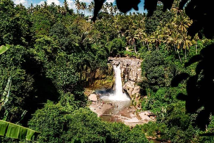 Tegenungan Waterfall. Beautiful powerful waterfall in the midst of a dense green rainforest or jungle. Top view. Bali, Indonesia