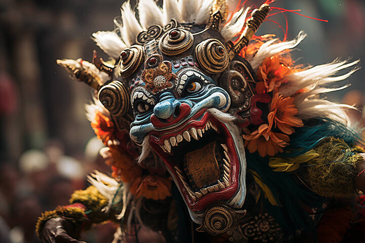 A dynamic scene from the Barong dance performance in Bali, featuring vibrant costumes and traditional masks.
