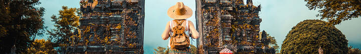 Woman with backpack exploring Bali, Indonesia. 