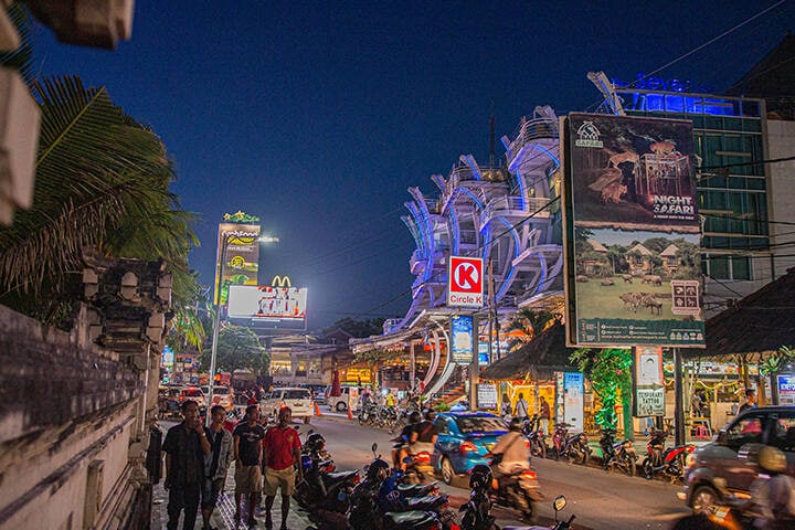 Busy streets of Kuta at night in Bali