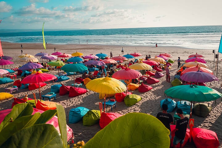 Beach Umbrellas View Of Double Six Beach, Seminyak, Bali, Indonesia.