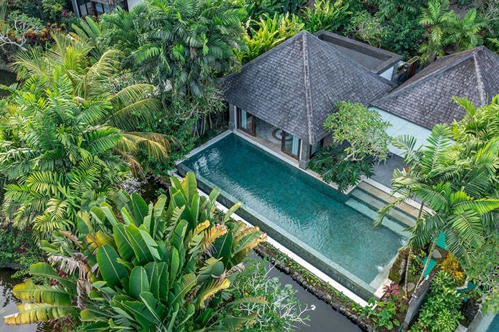 Aerial view of pool surrounded by forest at  Desa Visesa Ubud, Bali