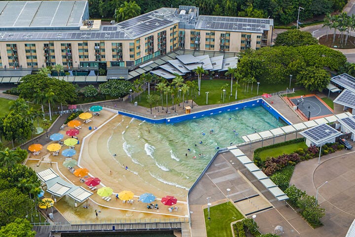 Wave Pool at Darwin Waterfront. Darwin Waterfront is home to the Wave Pool and also safe swimming Recreation Lagoon. Cafes and restaurants offer plenty of opportunities to refuel after a morning swim, linger over a luxurious lunch, or meet up with friends for a sundowner.