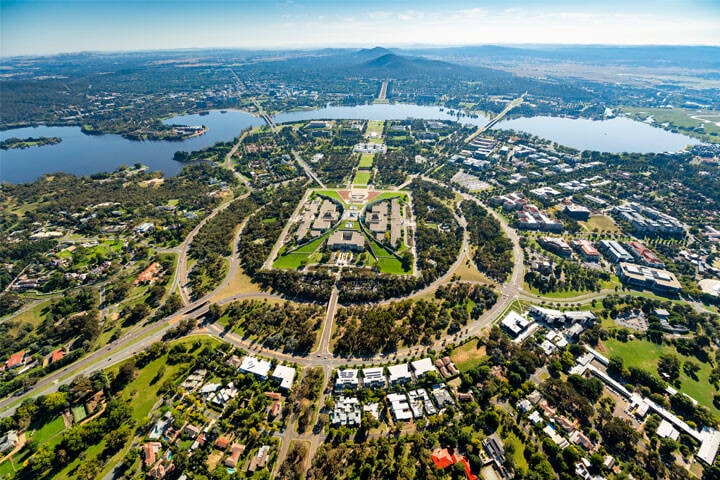 Aerial view of Canberra city