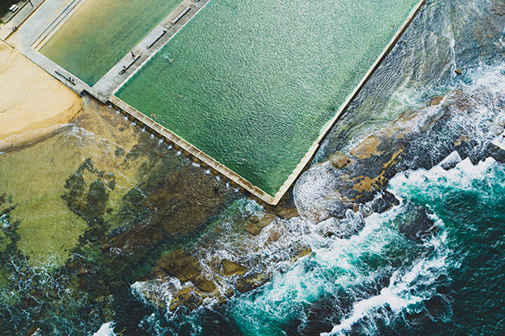 Aerial view of ocean pools in Newcastle