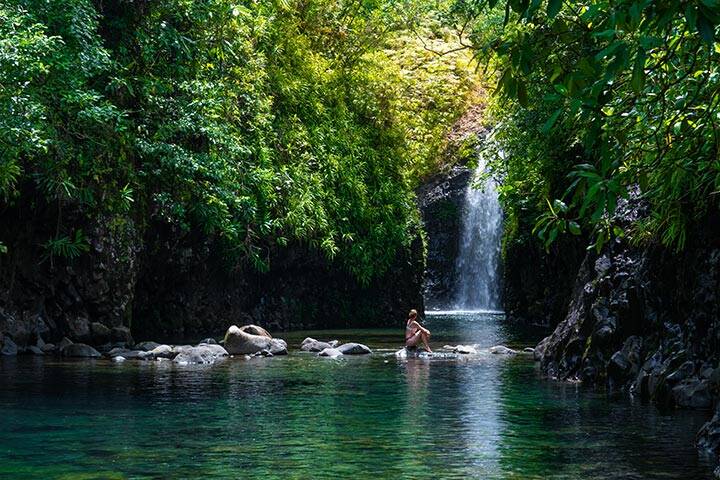 Aerial of the Wainibau waterfall at the end of the Lavena Coastal Walk. Bouma National Heritage Park, Taveuni 