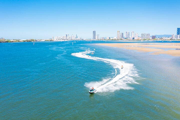 Jet Ski Safari snaking through Broadwater, Gold Coast