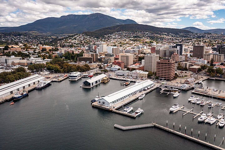 Hobart city overlooking water and harbour