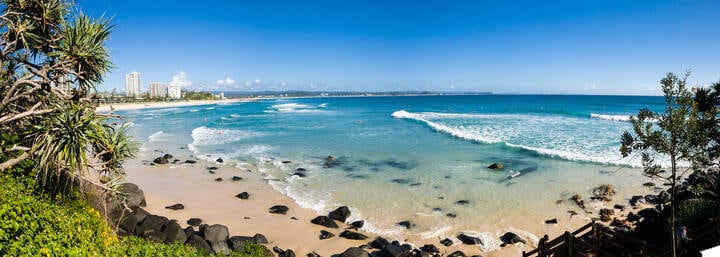 Greemount and Coolangatta Beaches on Australia's Gold Coast.  This stretch of coastline is home to one of the most famous stretches of surfing breaks in the world.  Beginning at southern Snapper Rocks and finishing at Kirra, it hosts many professional and amateur surfing competitions.