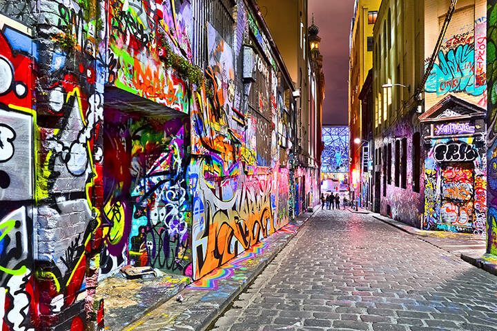 View of colorful graffiti artwork at Hosier Lane in Melbourne