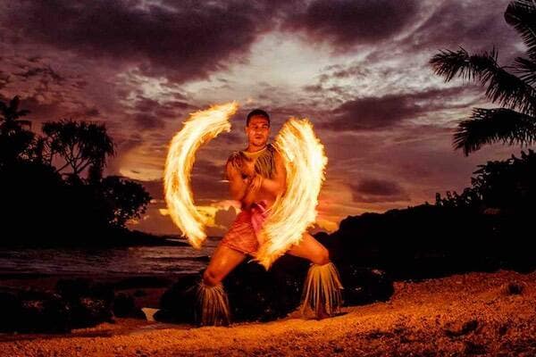 Local performing fire show for Fia Fia dance night, Samoa