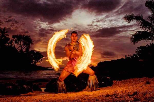 Local performing fire show for Fia Fia dance night, Samoa