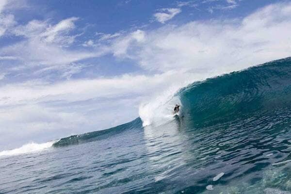 Traveller surfing in ocean, Samoa