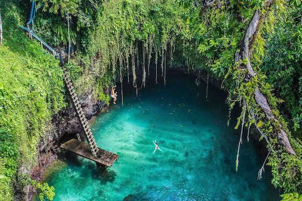 Blue lagoon in rainforest, Samoa
