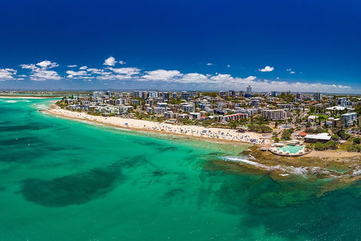 Aerial drone panoramic image of ocean waves on a Kings beach, Caloundra, Queensland, Australia