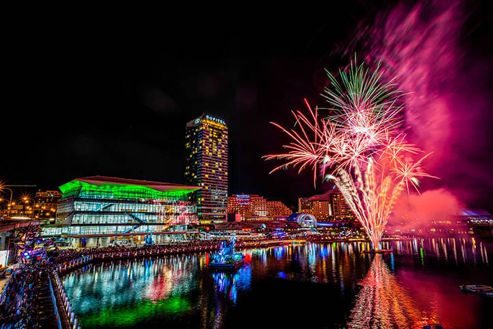 Weekend fireworks display above Cockle Bay, Darling Harbour during Vivid Sydney 2019.  