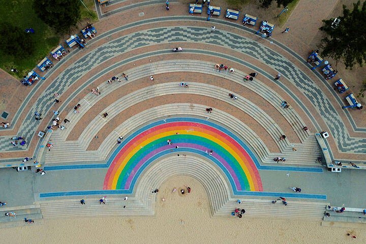 Aerial view of Rainbow painted on Coogee Walk way