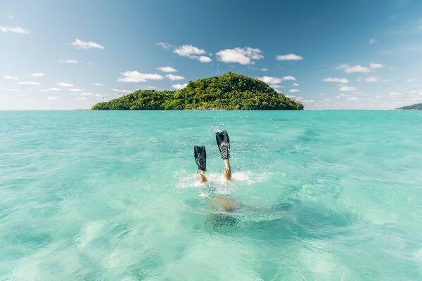 Diver in ocean with flippers above water