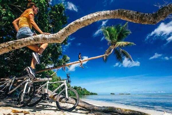 Traveller sitting on branch of tree over sandy beach in Vanuatu