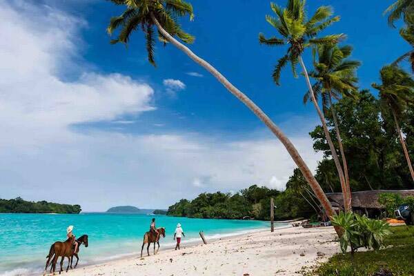 Travellers riding on horses along beach in Vanuatu