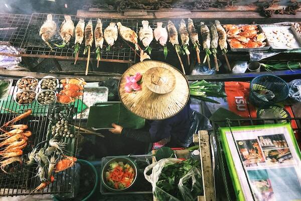 Fresh seafood being cooked on barbecue at Port Vila Market, Vanuatu 