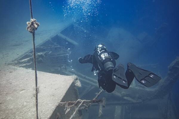 Scuba diver exploring SS Coolidge, Vanuatu